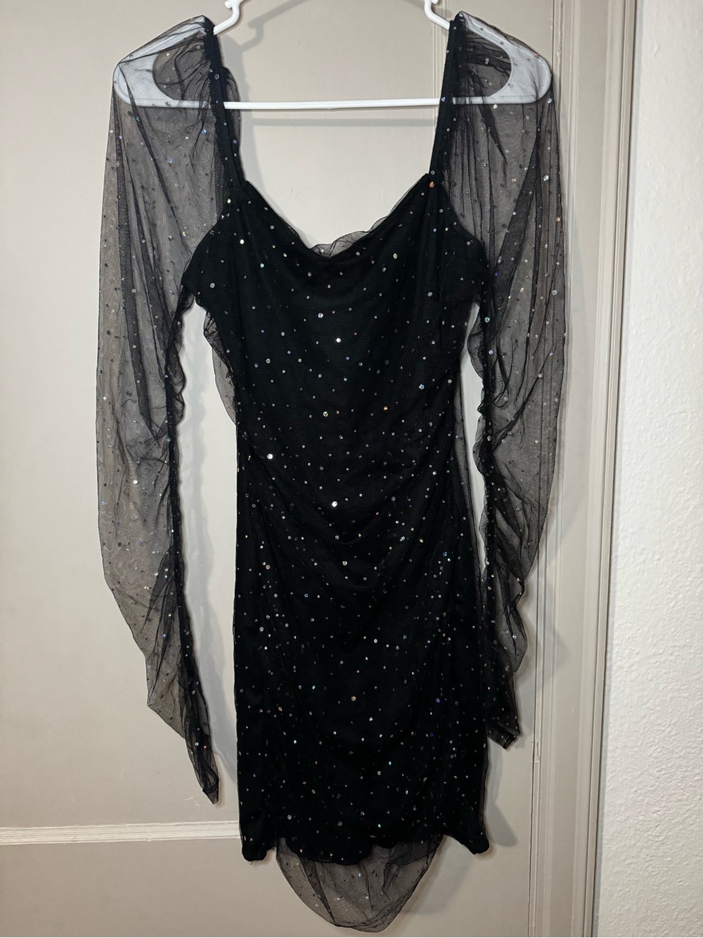Double Crazy Black Sheer Mesh Evening Dress with Sparkle Accents